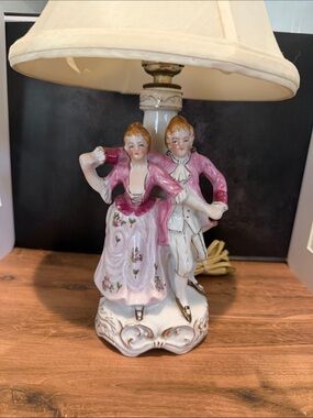 Vintage-Style Japanese Porcelain Couple Table Lamp - Pink (without shade).